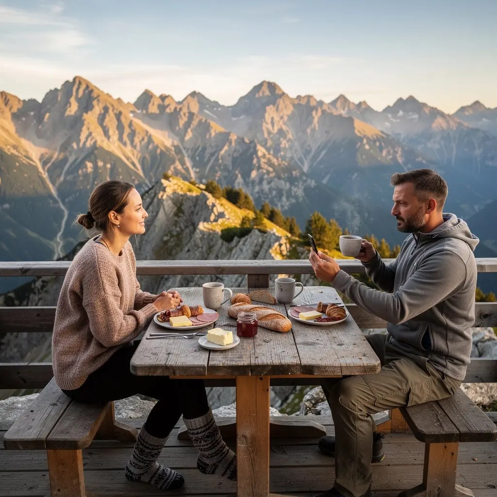 A cozy mountain lodge nestled in the valley, offering a warm retreat for adventurers after a long hike.