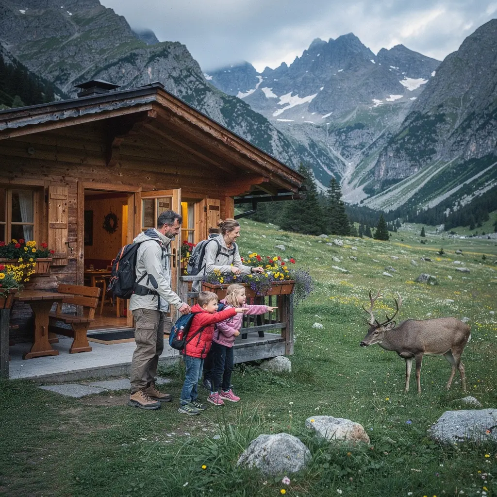 A group of friends enjoying a picnic on a scenic overlook, with the vast mountains stretching in the background.